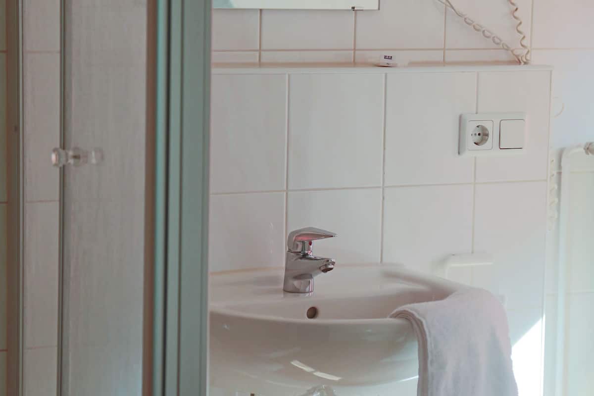 basic double room | bathroom | shower, free toiletries, hair dryer, towels