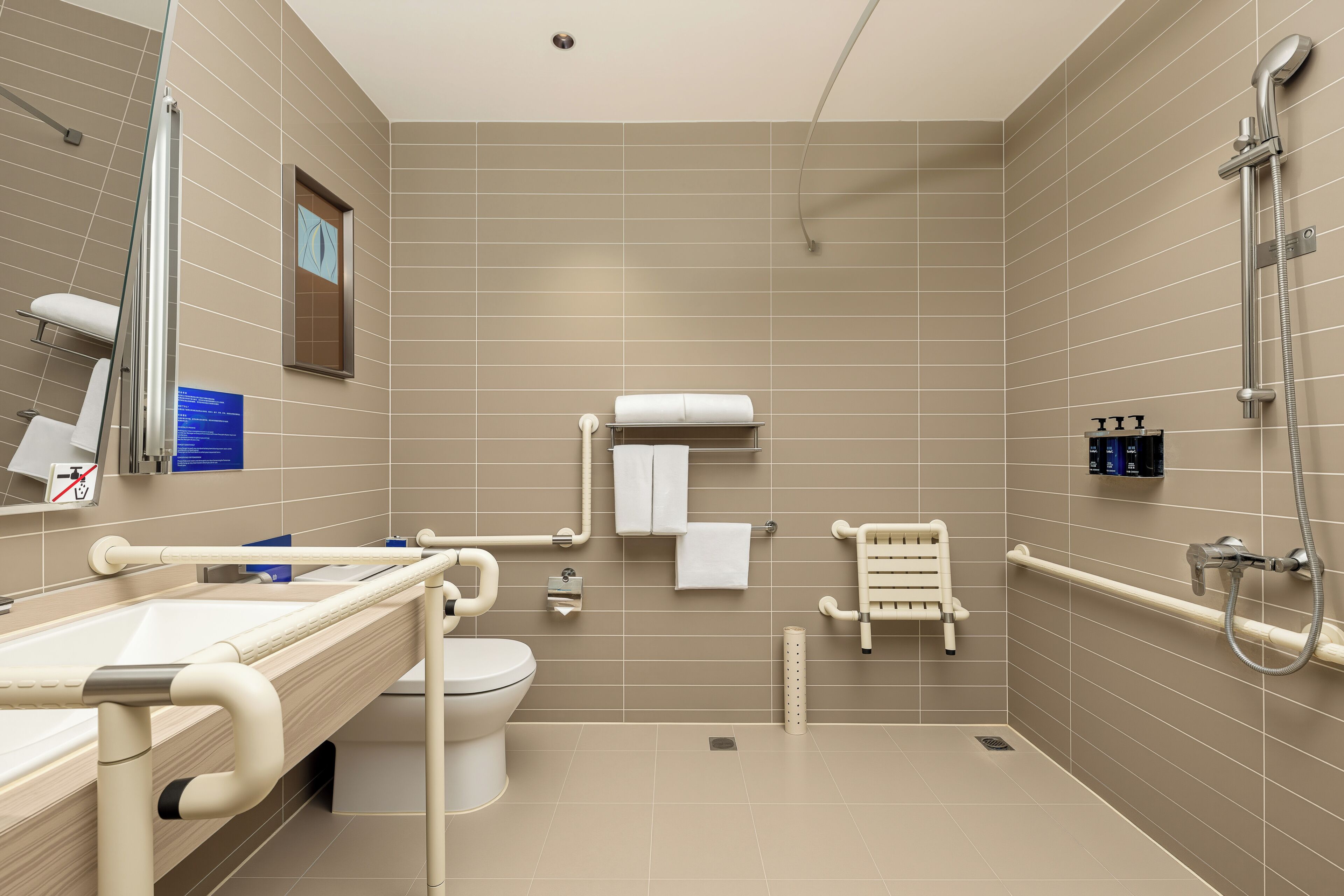 Standaard kamer, 1 queensize bed, toegankelijk voor mindervaliden | Badkamer | Een regendouche, designer toiletartikelen, een haardroger, pantoffels