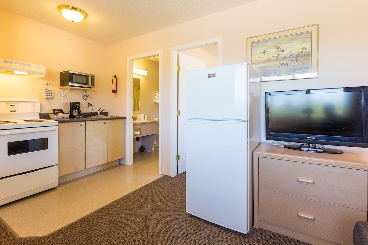 fridge, microwave, coffee/tea maker, electric kettle