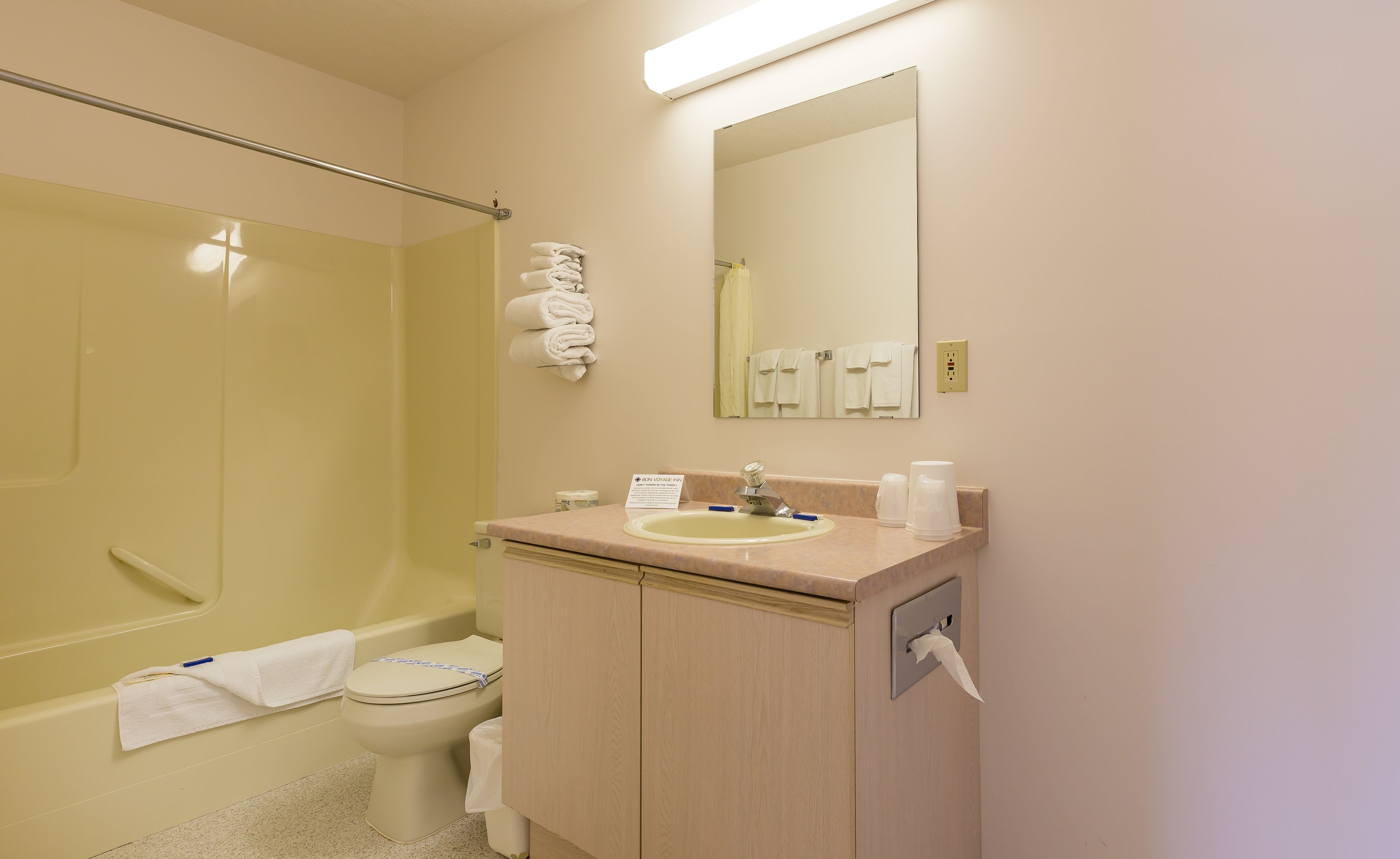 combined shower/bathtub, free toiletries, towels