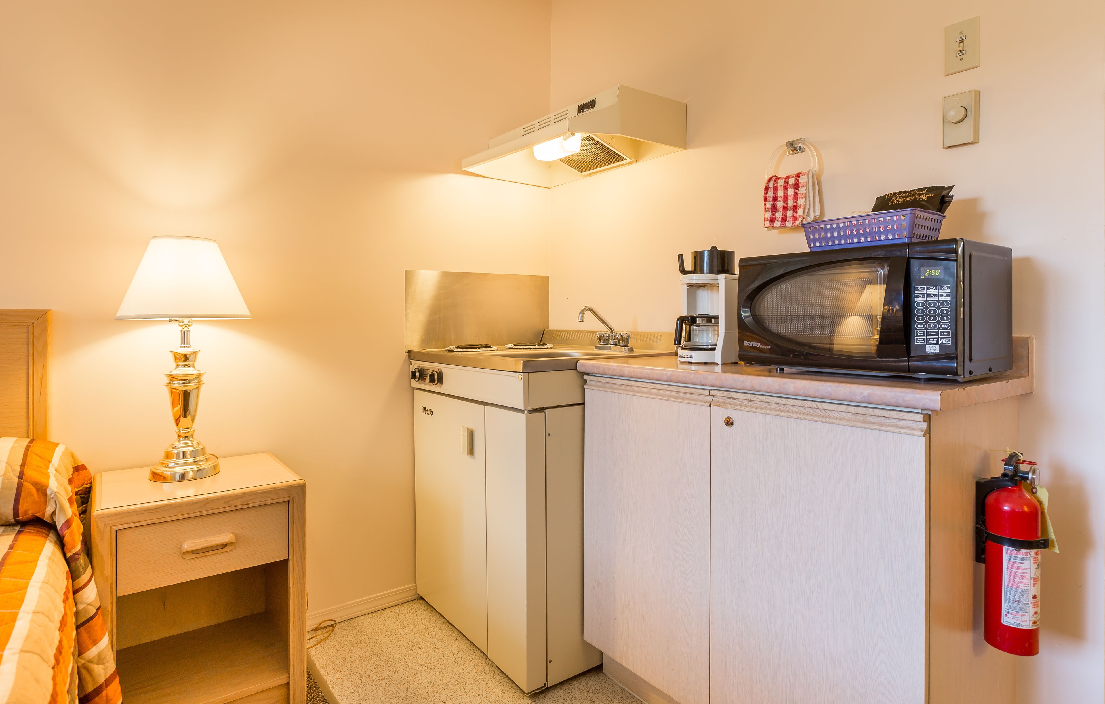 fridge, microwave, coffee/tea maker, electric kettle