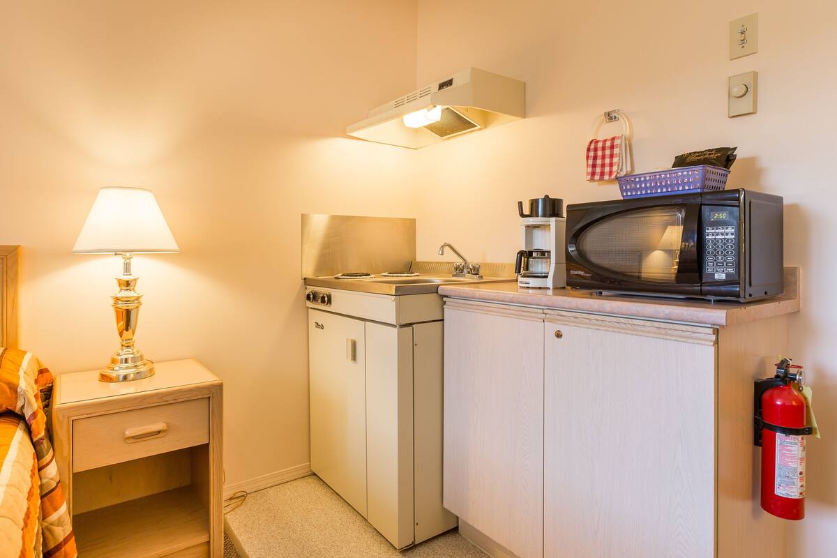 fridge, microwave, coffee/tea maker, electric kettle