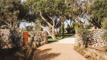 Un sendero de grava que atraviesa un muro de piedra con árboles a ambos lados.