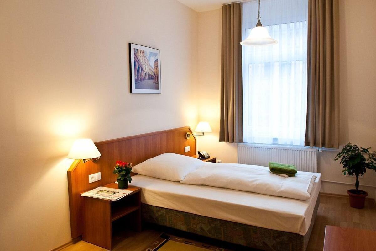 Habitación de hotel con una cama individual, lámparas de noche, mesita de noche con teléfono, cuadro en la pared, ventana con cortinas y planta en maceta.