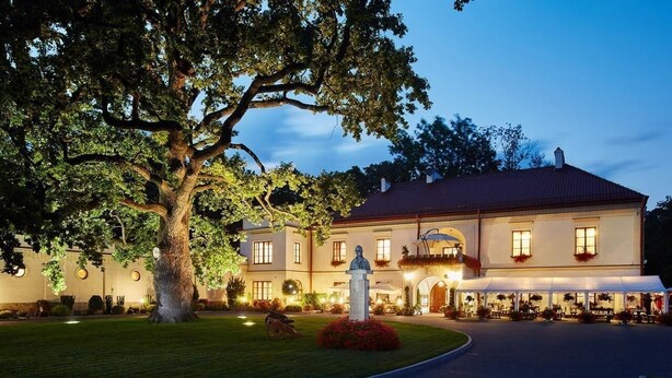 A large, elegant building with a well-maintained lawn and a statue in front. - Zamek Dubiecko (Dubiecko)
