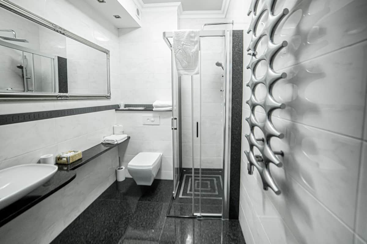 deluxe studio suite, 1 king bed | bathroom | shower, rainfall showerhead, free toiletries, hair dryer