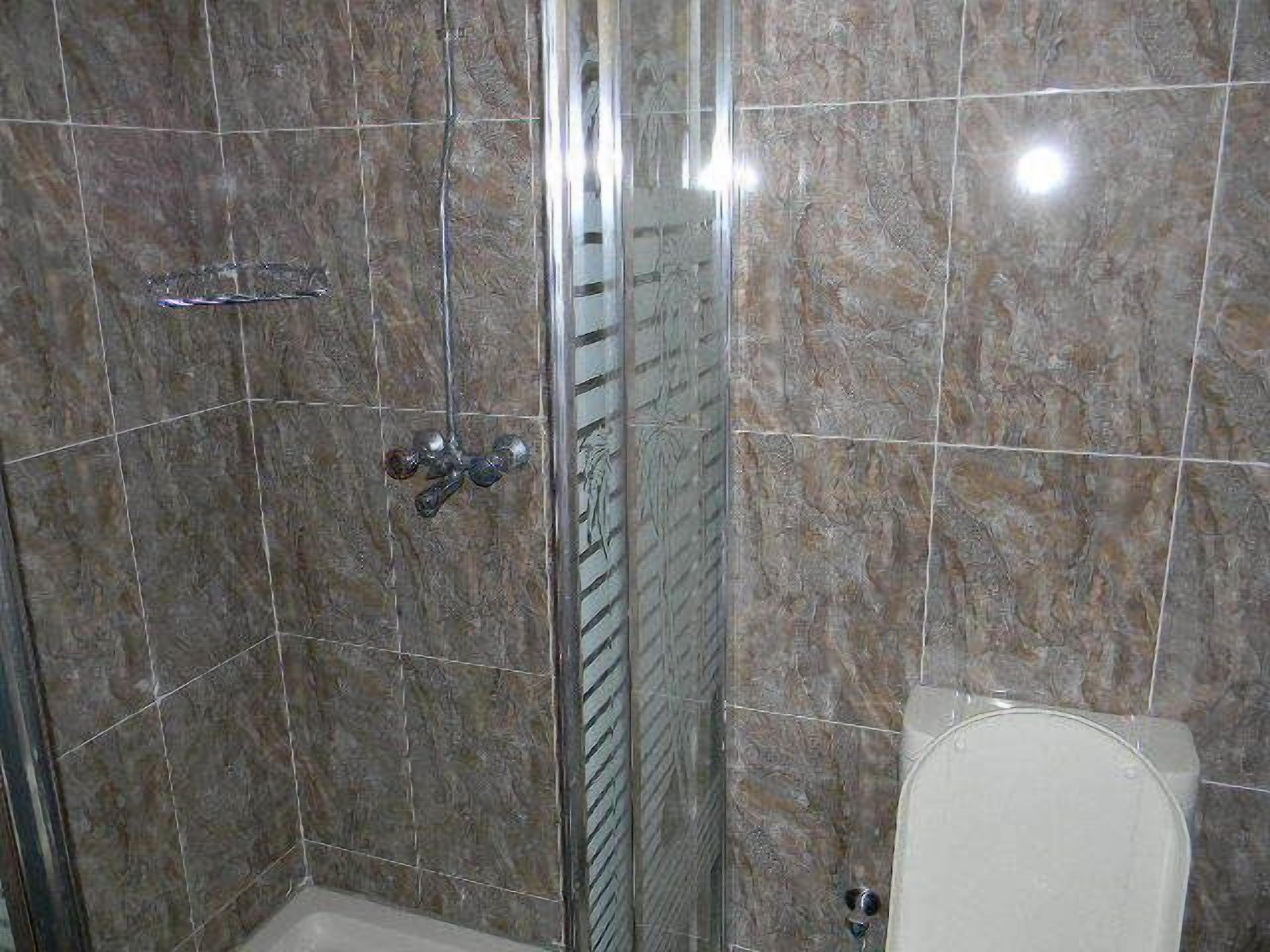 A bathroom with a shower area, tiled walls, and a toilet.