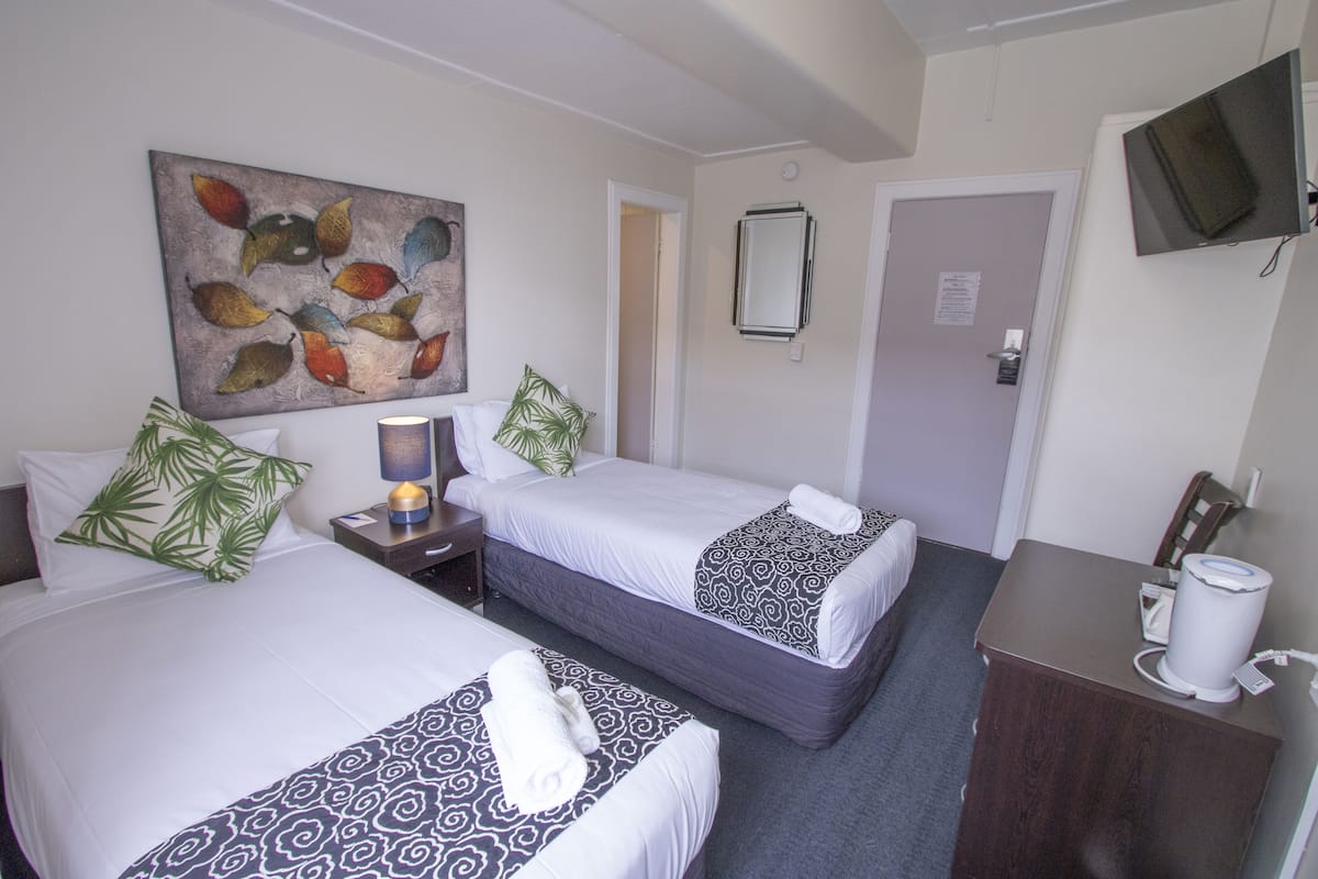 Habitación de hotel con dos camas, televisión, cafetera y un cuadro en la pared.