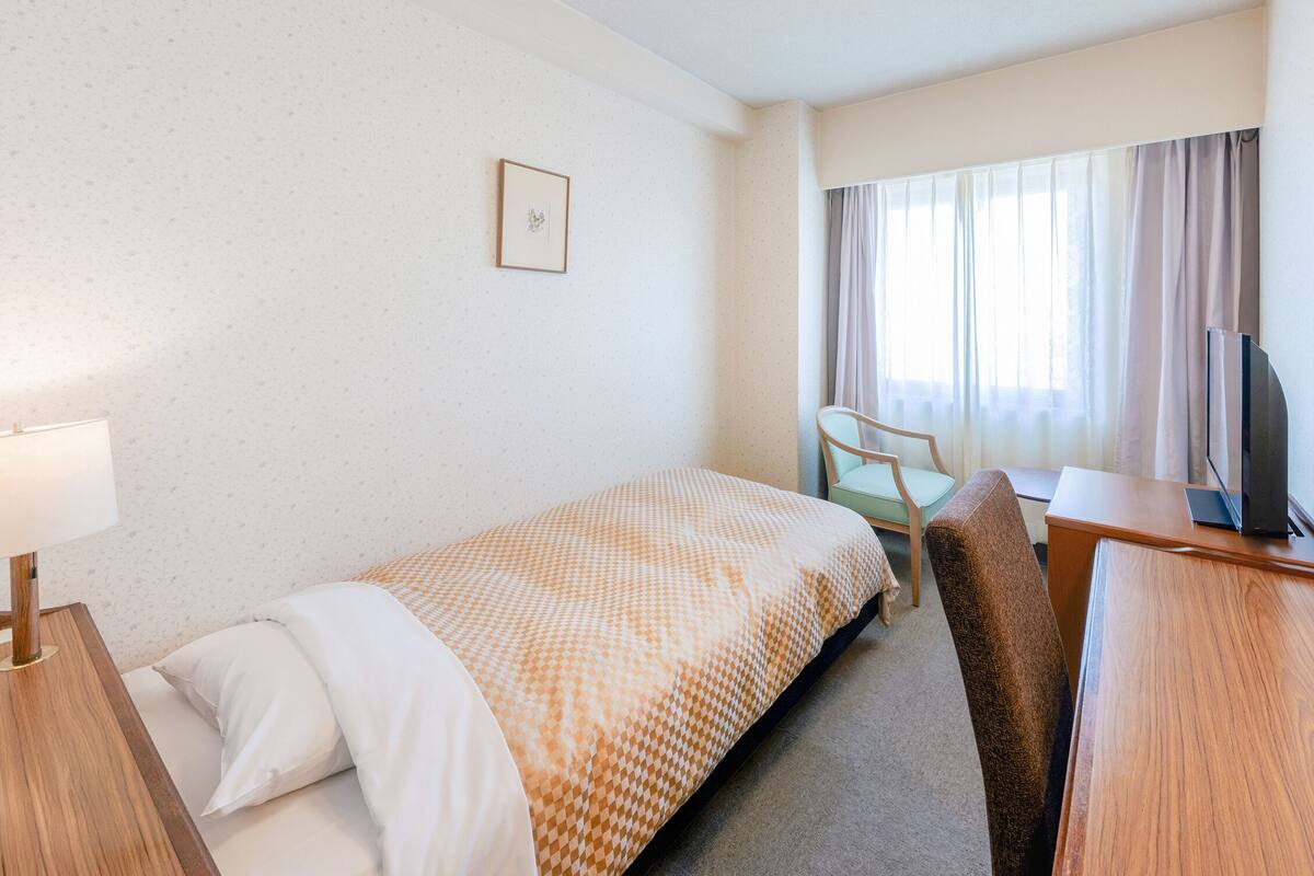 Ein Hotelzimmer mit Bett, Schreibtisch, Stuhl, Fernseher und einem fensterbepflanzten Fenster.