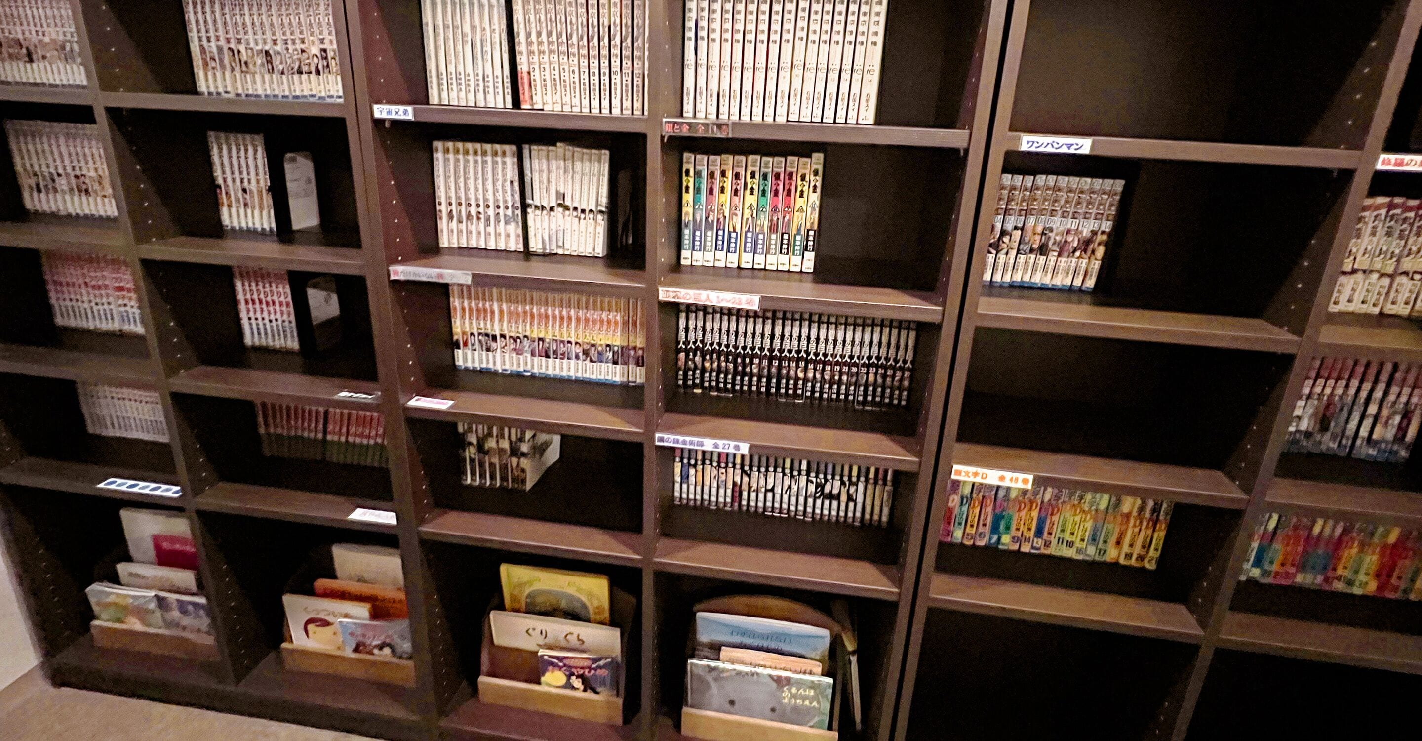 A library with bookshelves containing various books and magazines.