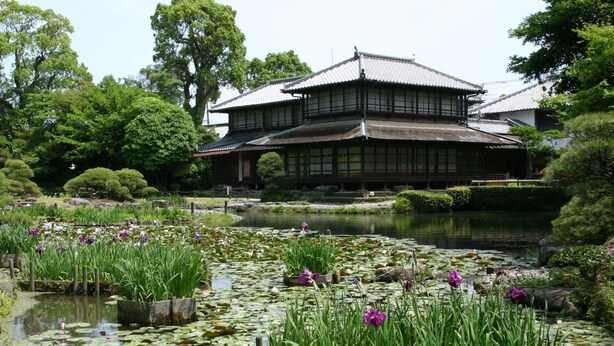 Een traditioneel Japans gebouw met een pannendak, omringd door een vijver met waterlelies en paarse bloemen, en weelderige begroeiing.