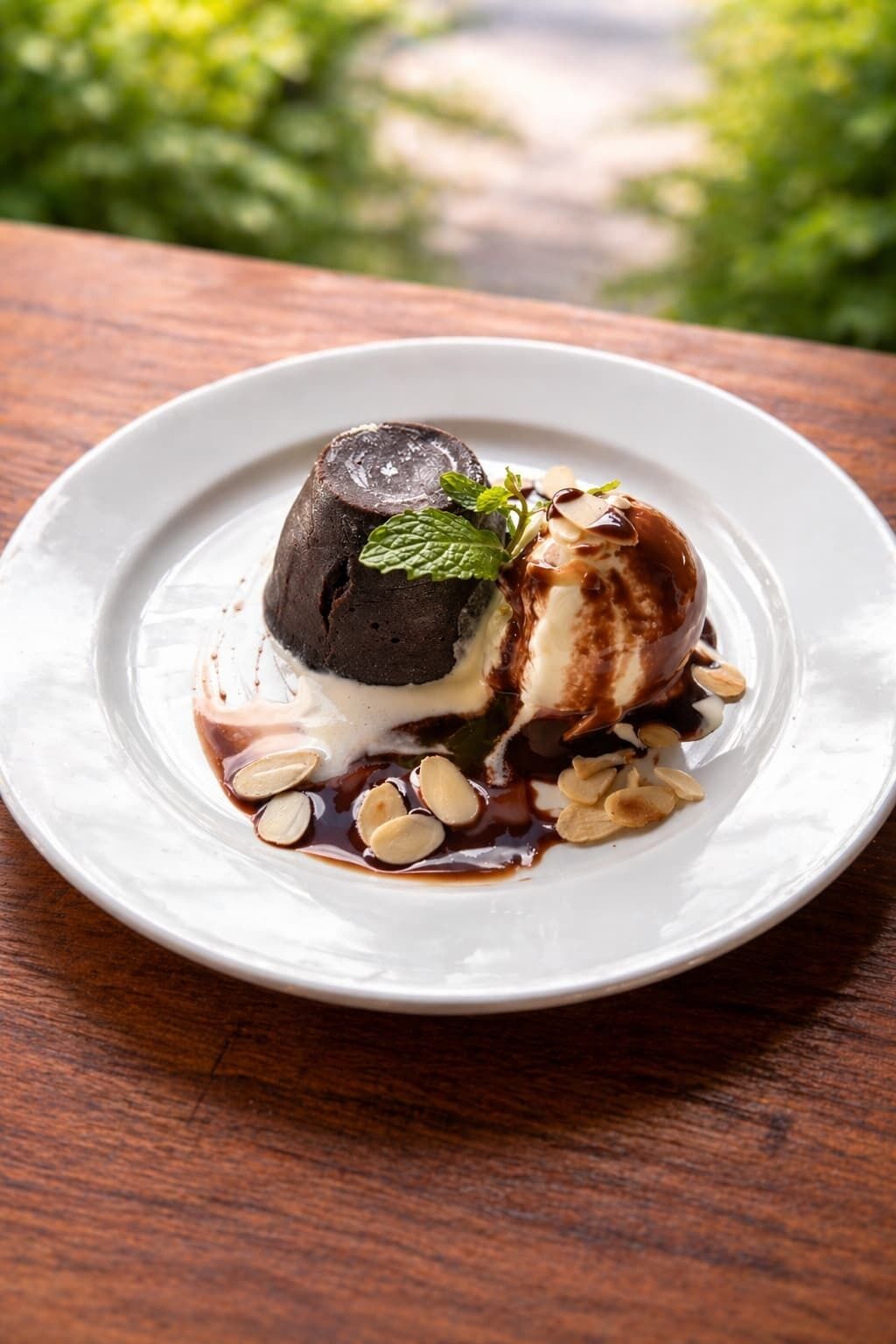 A dessert on a white plate with a wooden table background.