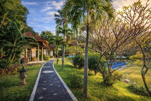 A pathway leading to a building with a tiled roof, surrounded by lush greenery and a swimming pool. - The Hamsa Bali Resort (Banjar)