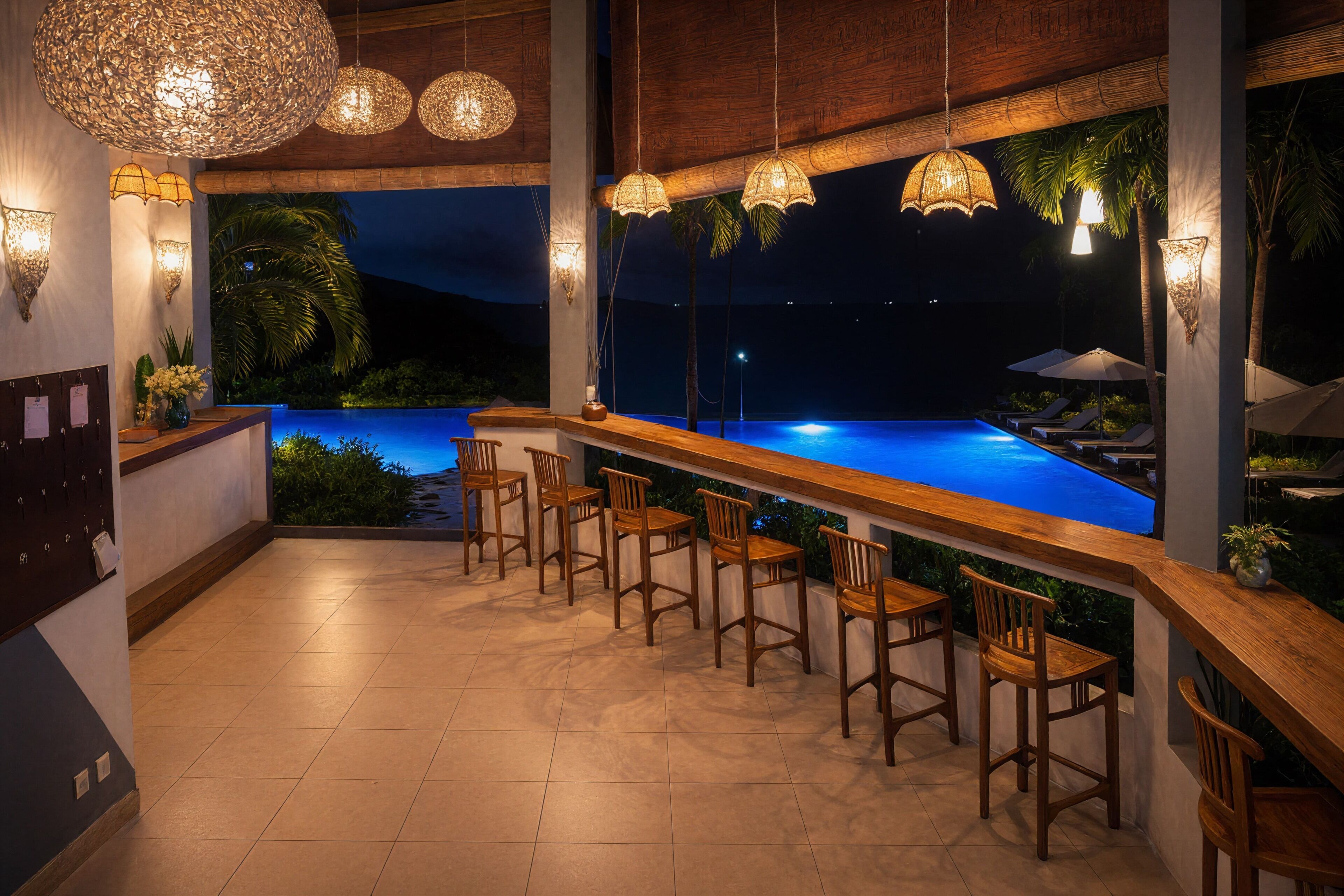 A bar area with a pool view, wooden chairs, and hanging lights.
