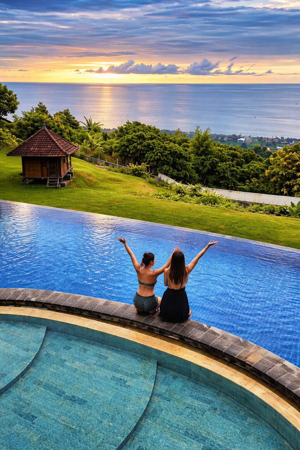 Une piscine où deux personnes sont assises au bord, surplombant une étendue d’eau et un petit bâtiment.
