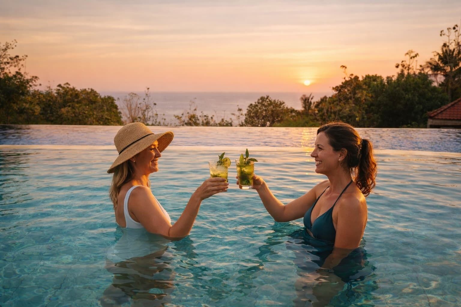 Two individuals in a swimming pool with a sunset in the background.