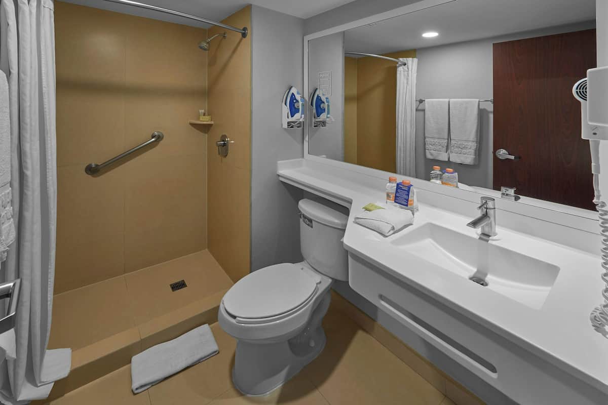 shower, rainfall showerhead, hair dryer, towels