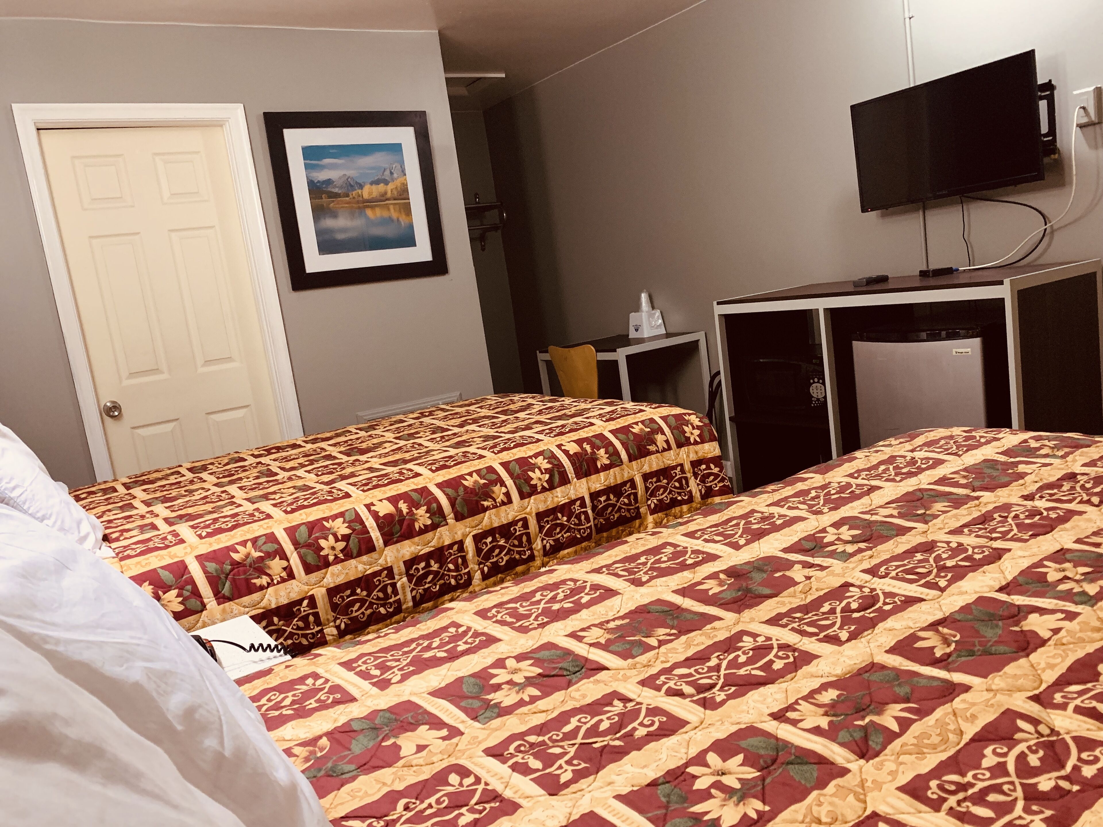 A hotel room with two beds, a desk, a chair, a television, and a framed picture on the wall.