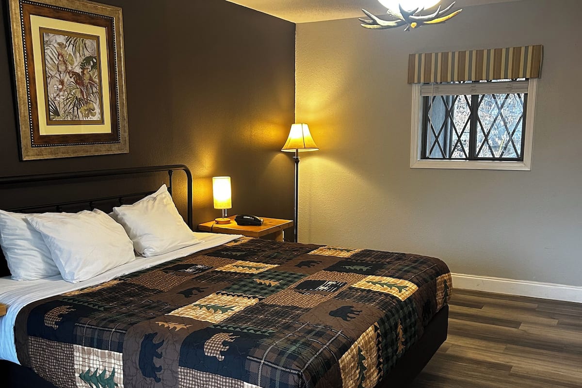A neatly made bed with a patterned quilt, a bedside lamp, a framed picture on the wall, and a window with a view of trees.