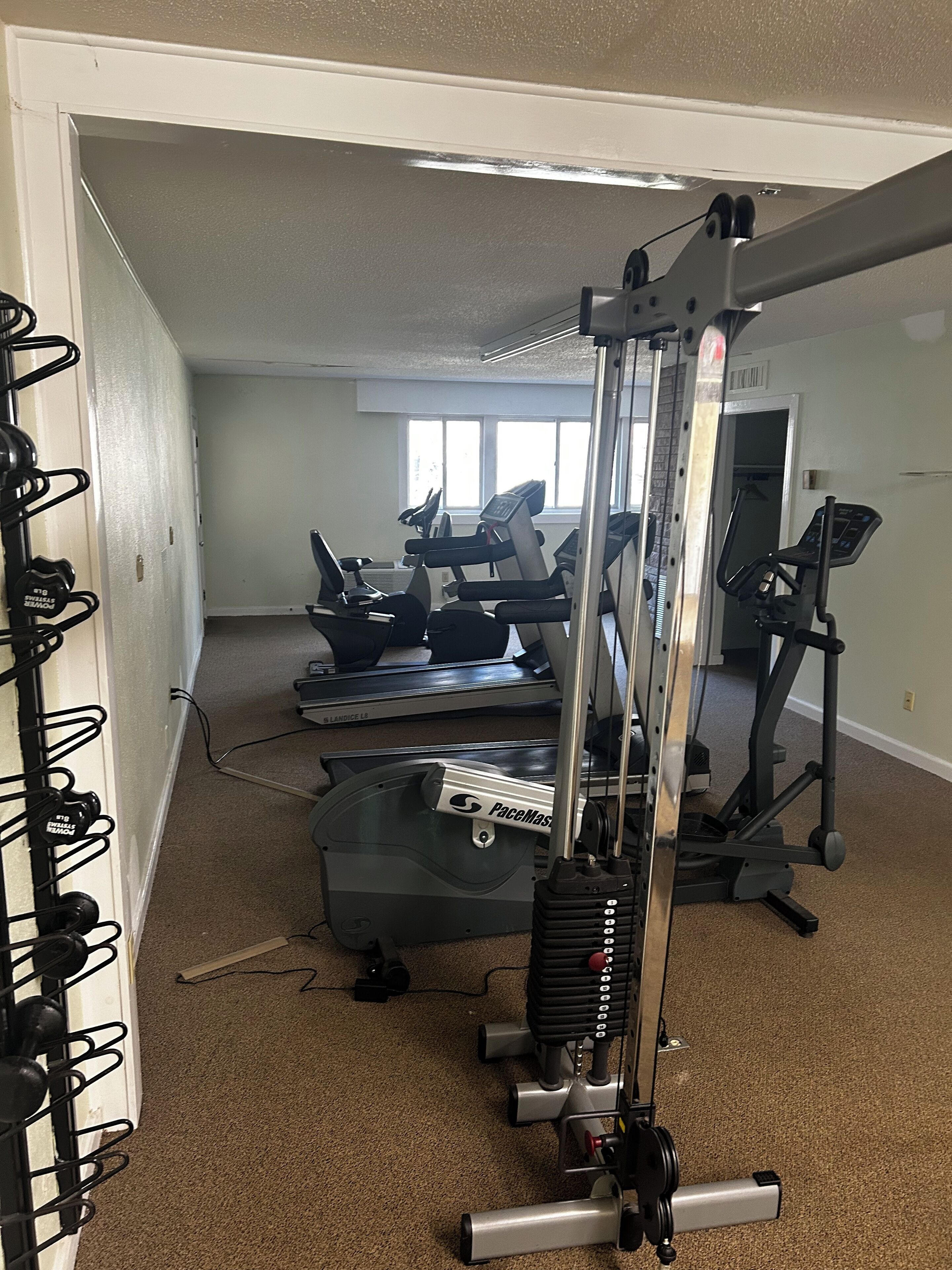 Un gimnasio en casa con cintas de correr, una bicicleta estática y una máquina de pesas.