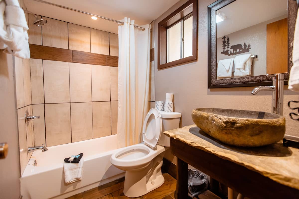 A bathroom with a bathtub, toilet, and a large stone basin.