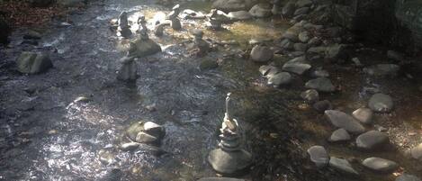 A stream with rocks arranged in a circle, surrounded by trees and a stone staircase.