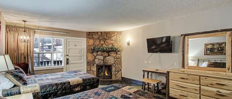 Riverside Deluxe 2-Queen Beds with Fireplace | Premium bedding, pillowtop beds, in-room safe, desk