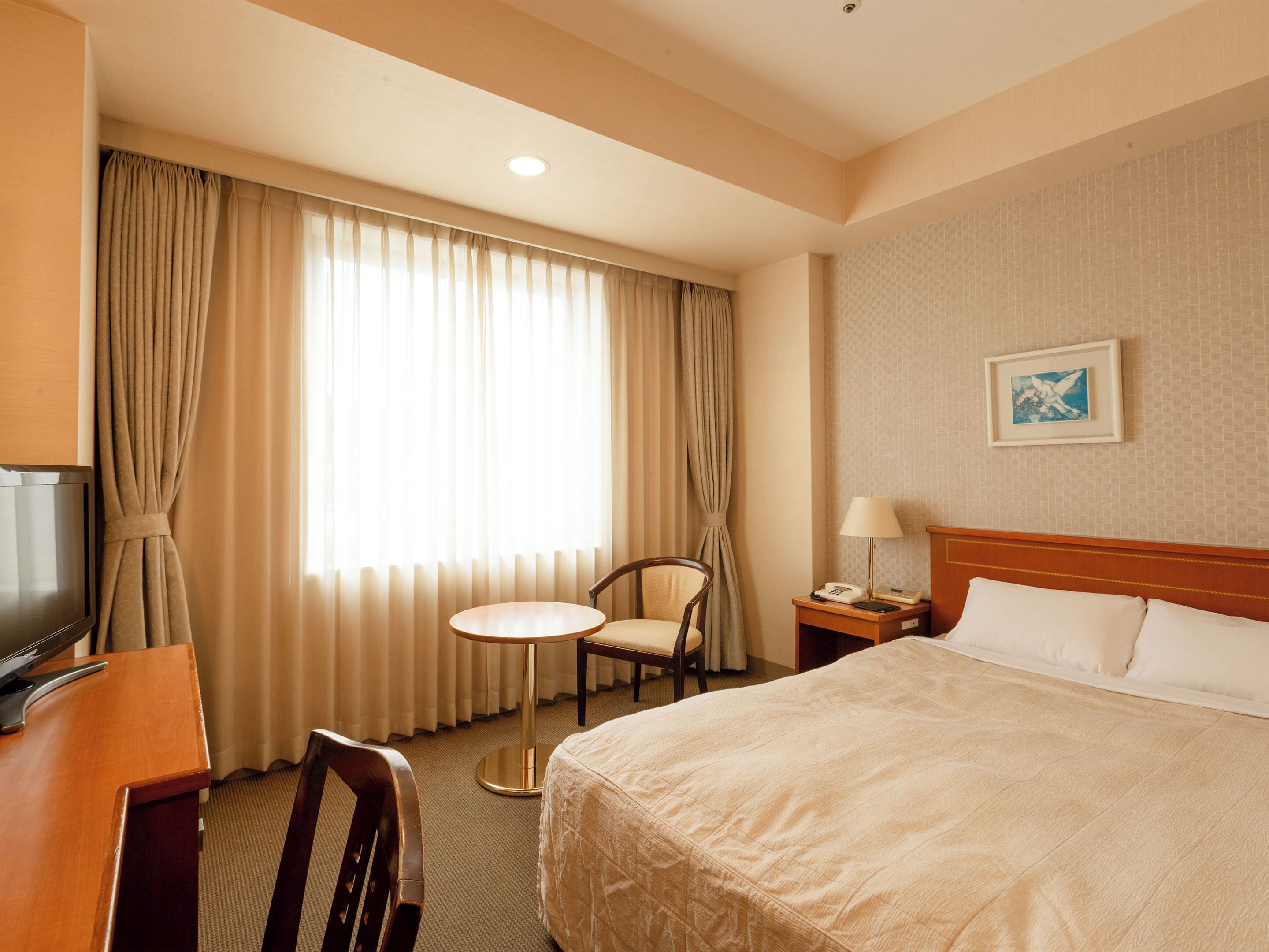 Desk, blackout curtains, soundproofing, iron/ironing board