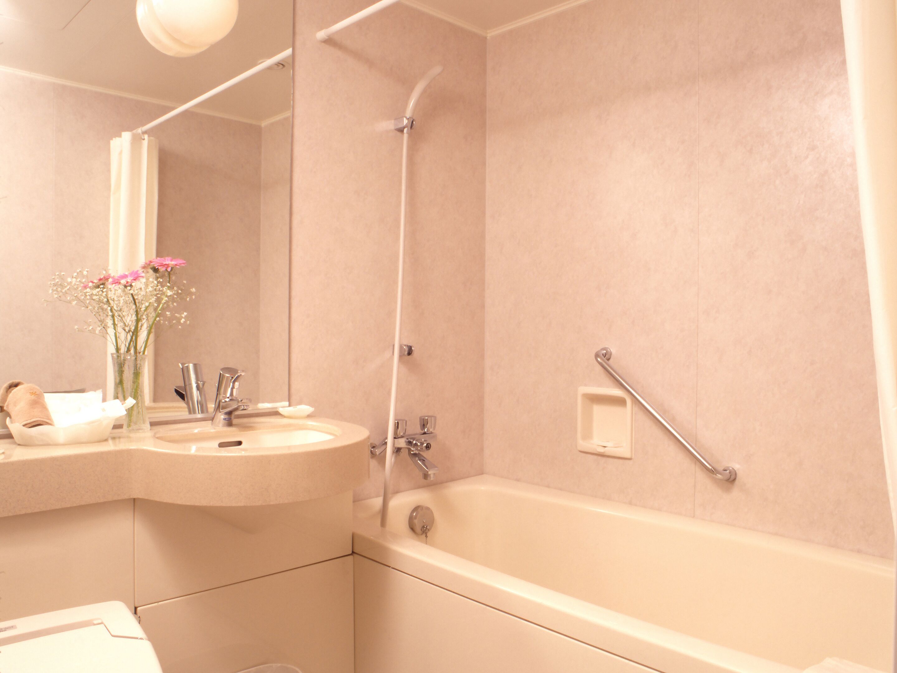 combined shower/bathtub, rainfall showerhead, free toiletries