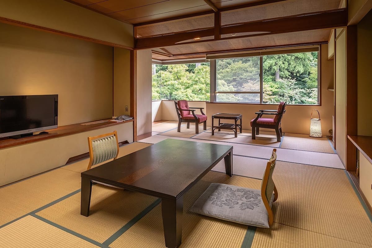 Una habitación tradicional japonesa con suelo de tatami, televisor y vistas a zonas verdes.