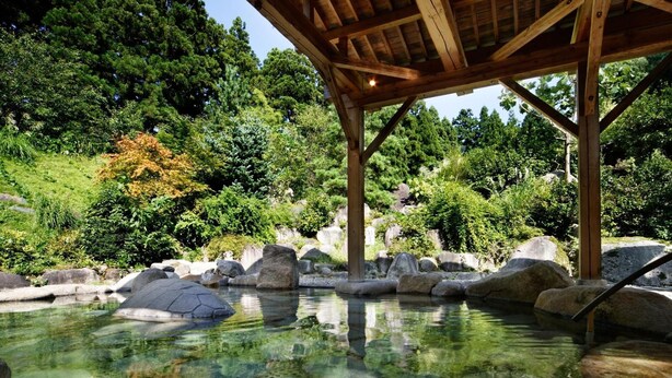 Een traditionele Japanse onsen met een houten theehuis, omgeven door rotsen en weelderige begroeiing.