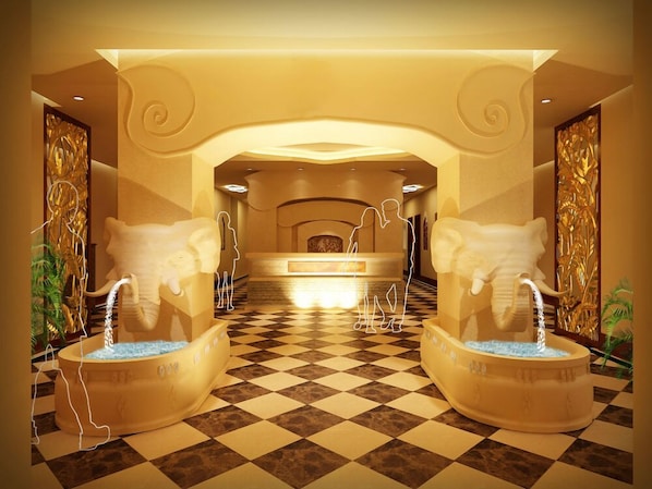 A luxurious hotel lobby with a checkered floor, a reception desk, and two large, ornate bathtub-style fountains.