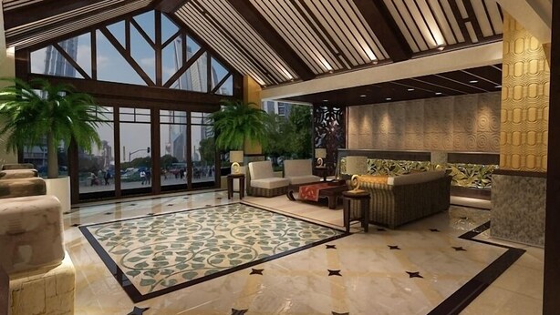 A spacious lobby with a high ceiling, large windows, and a patterned floor. - Guangzhou Masia Hotel (Guangzhou)