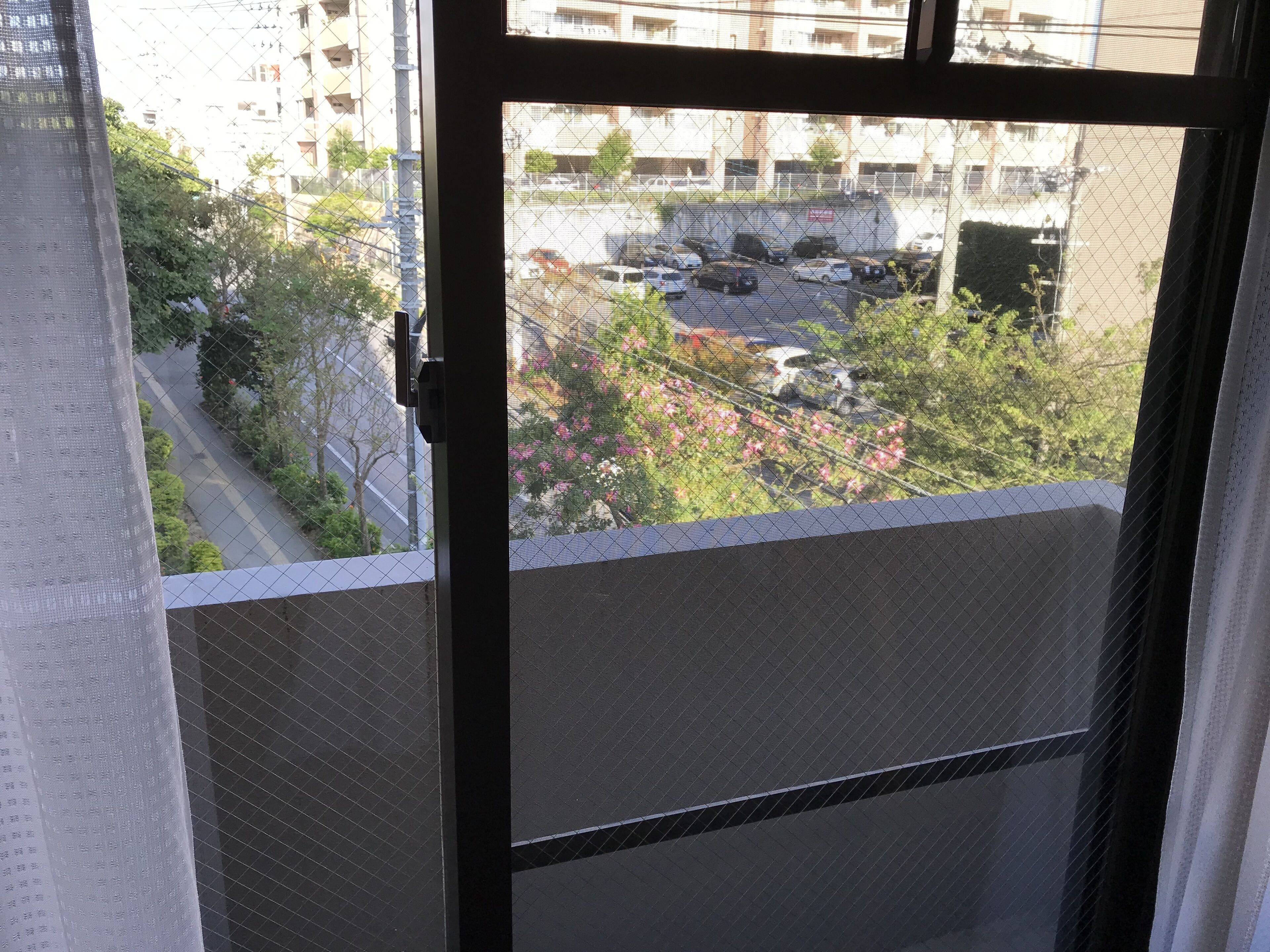 Blick durch ein Fenster mit Gitterrost, auf einen Parkplatz mit mehreren Autos und einem Gebäude im Hintergrund.