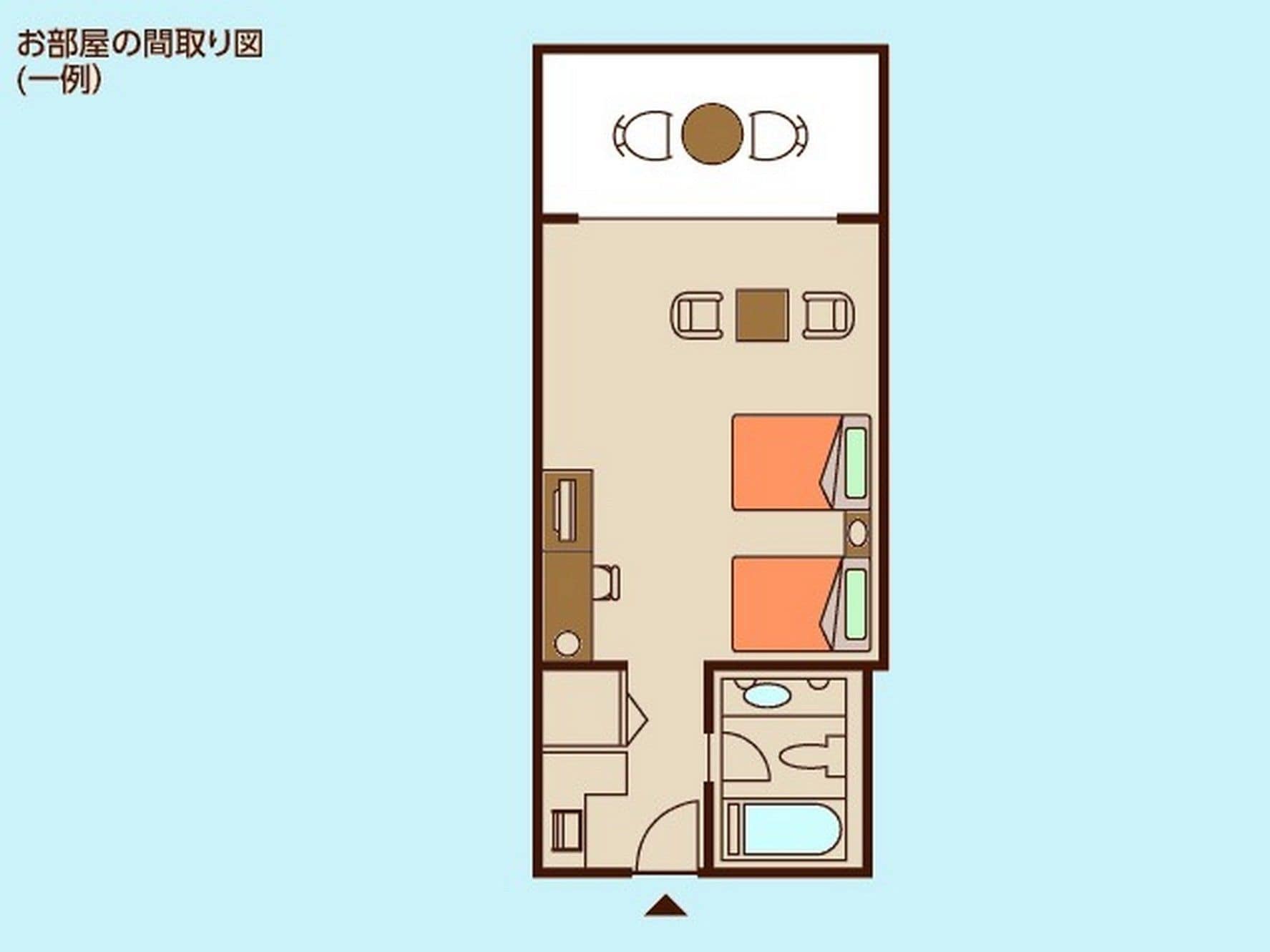 A floor plan of a hotel room with a bed, a desk, a chair, a small bathroom, and a window.