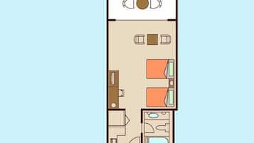A floor plan of a hotel room with a bed, a desk, a chair, a small bathroom, and a window.