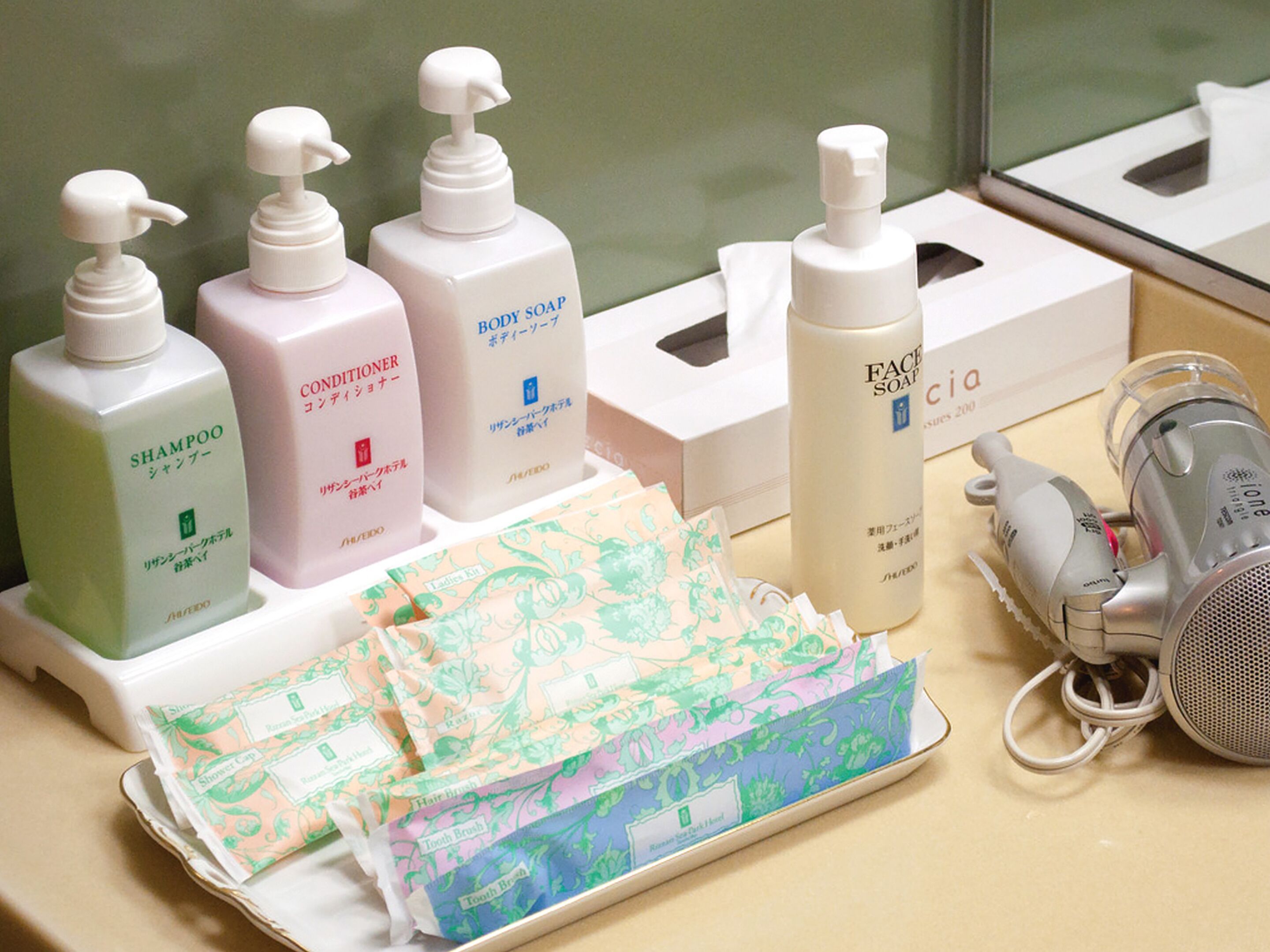 combined shower/bathtub, free toiletries, hair dryer, slippers