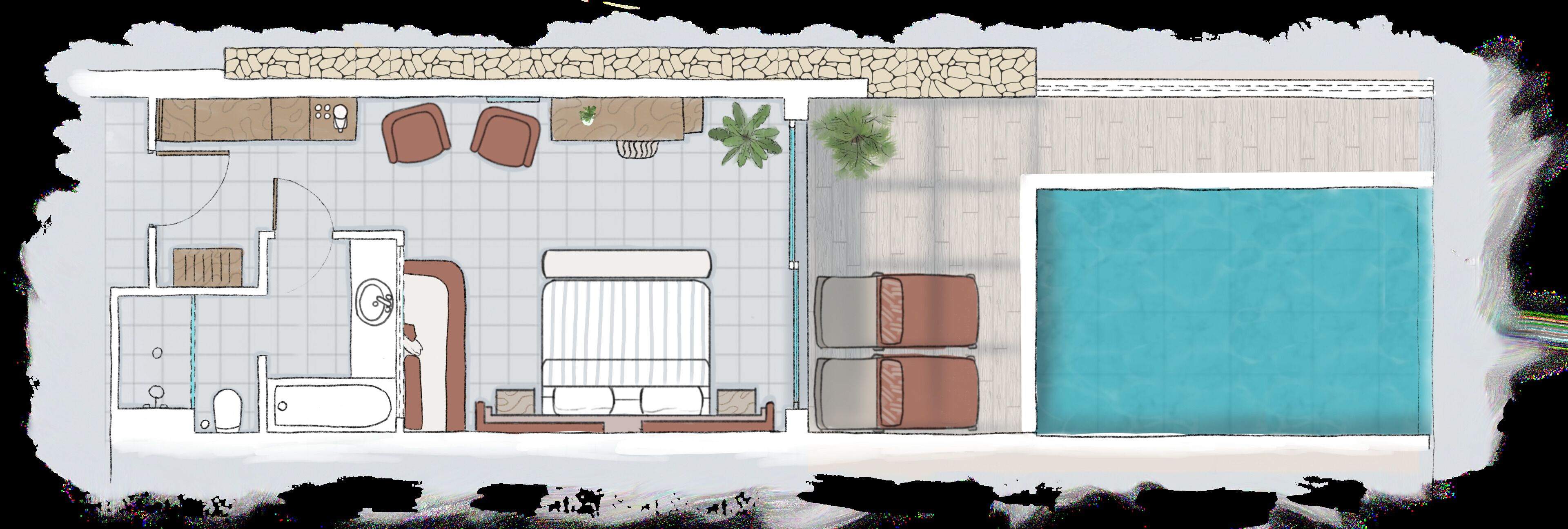 A floor plan of a hotel room with a bathroom, a seating area with chairs, a small table, and a large window.
