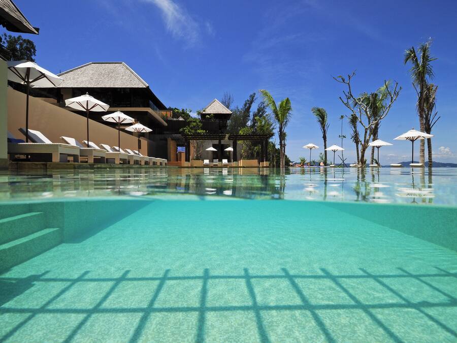 Outdoor pool, pool umbrellas, pool loungers