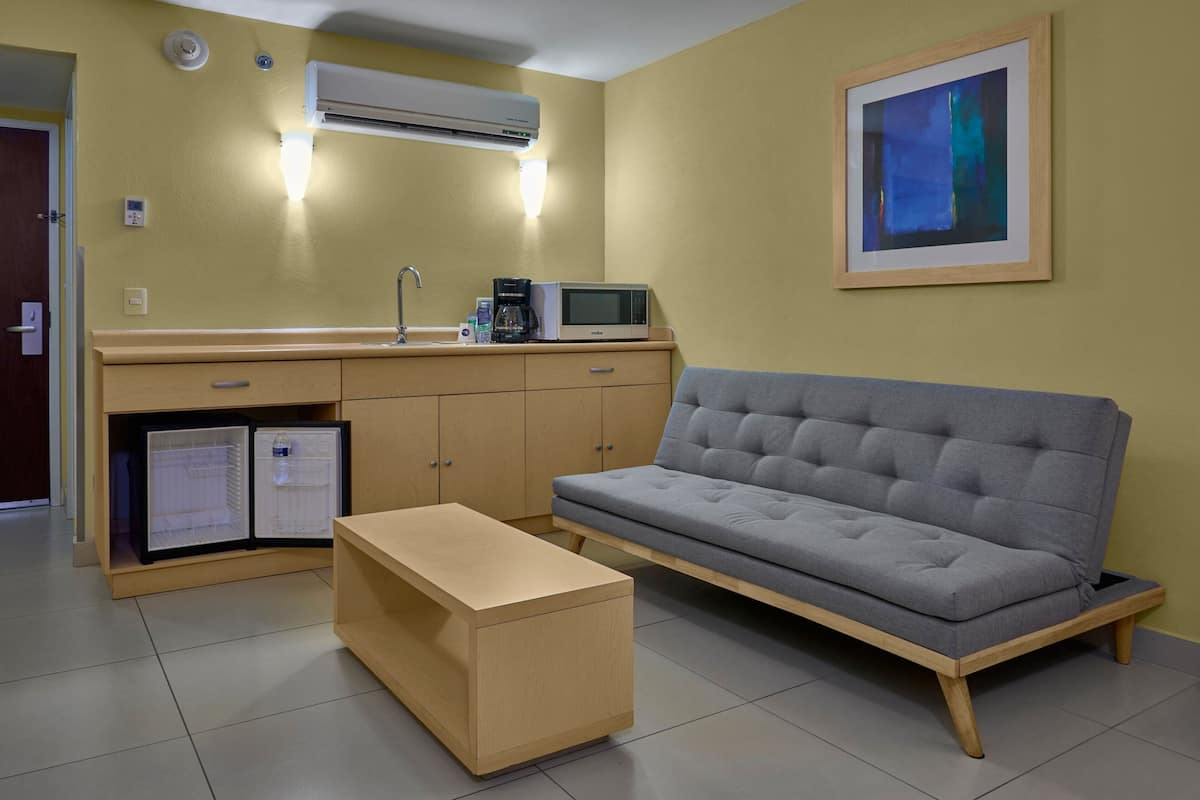 suite, 1 queen bed with sofa bed | desk, blackout curtains, iron/ironing board, free wifi