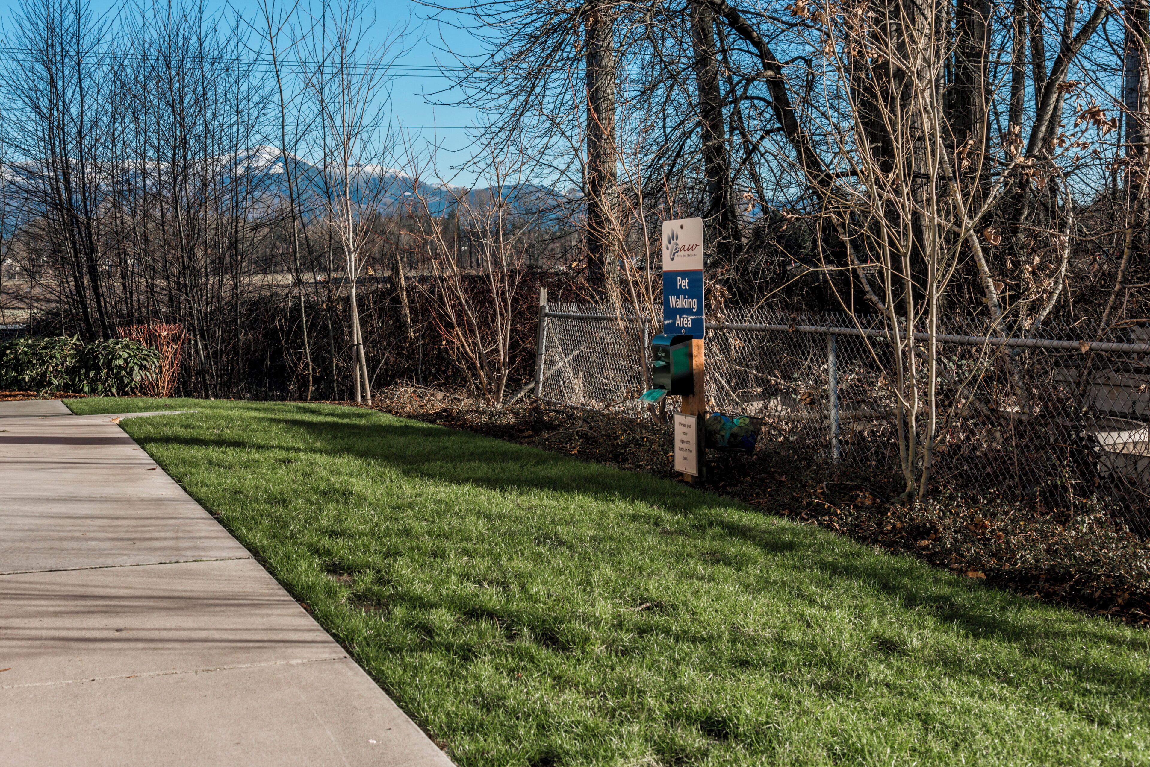 A paved walkway alongside a grassy area with a chain-link fence and a sign indicating a pet walking area.