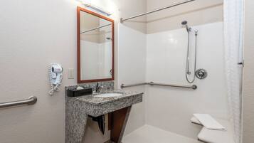 A bathroom with a granite sink, a mirror, a handheld showerhead, a grab bar, and a toilet.