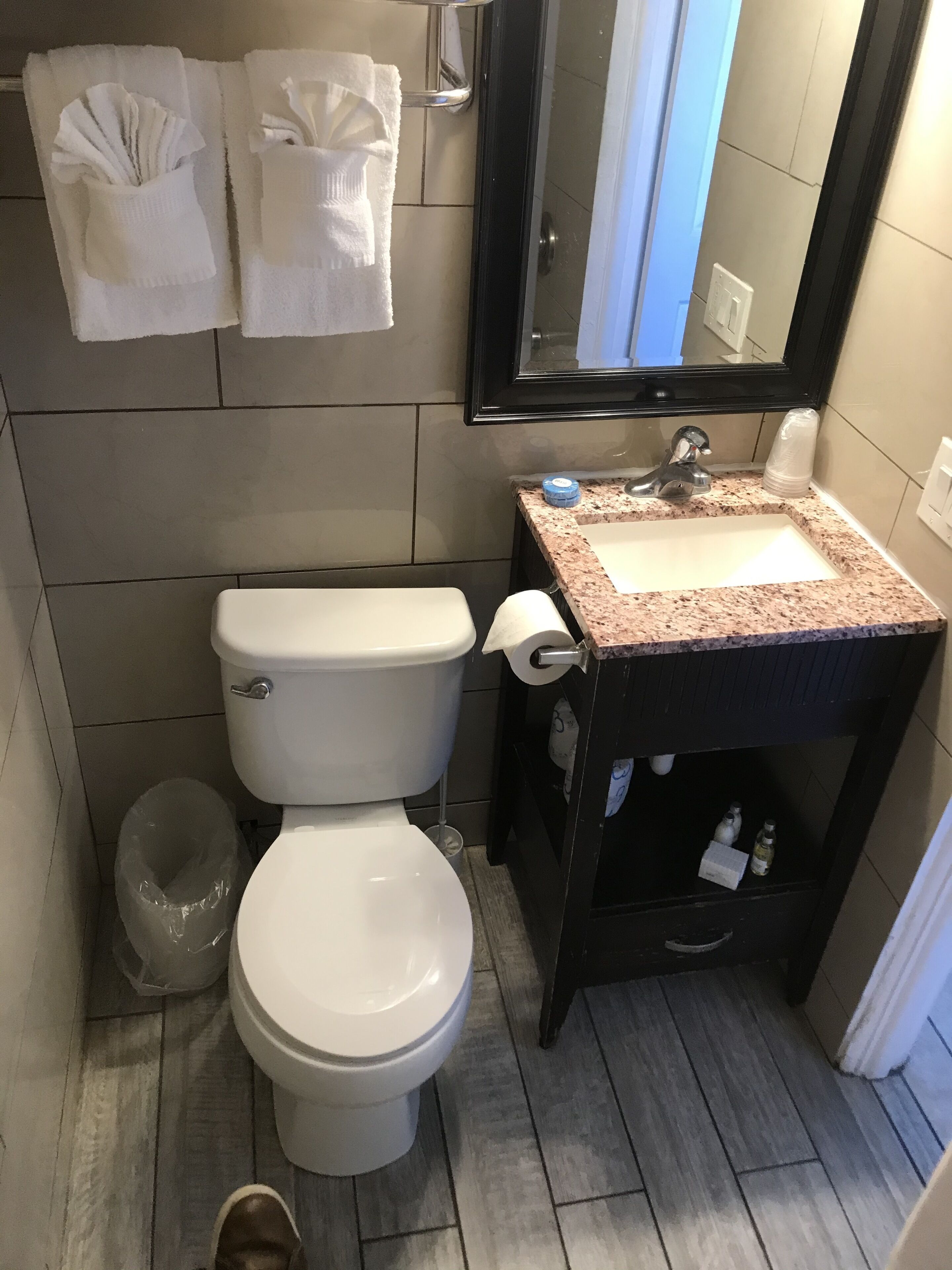 room, 1 queen bed and 1 sofa bed, kitchen, courtyard view, 2nd floor | bathroom | hair dryer, towels