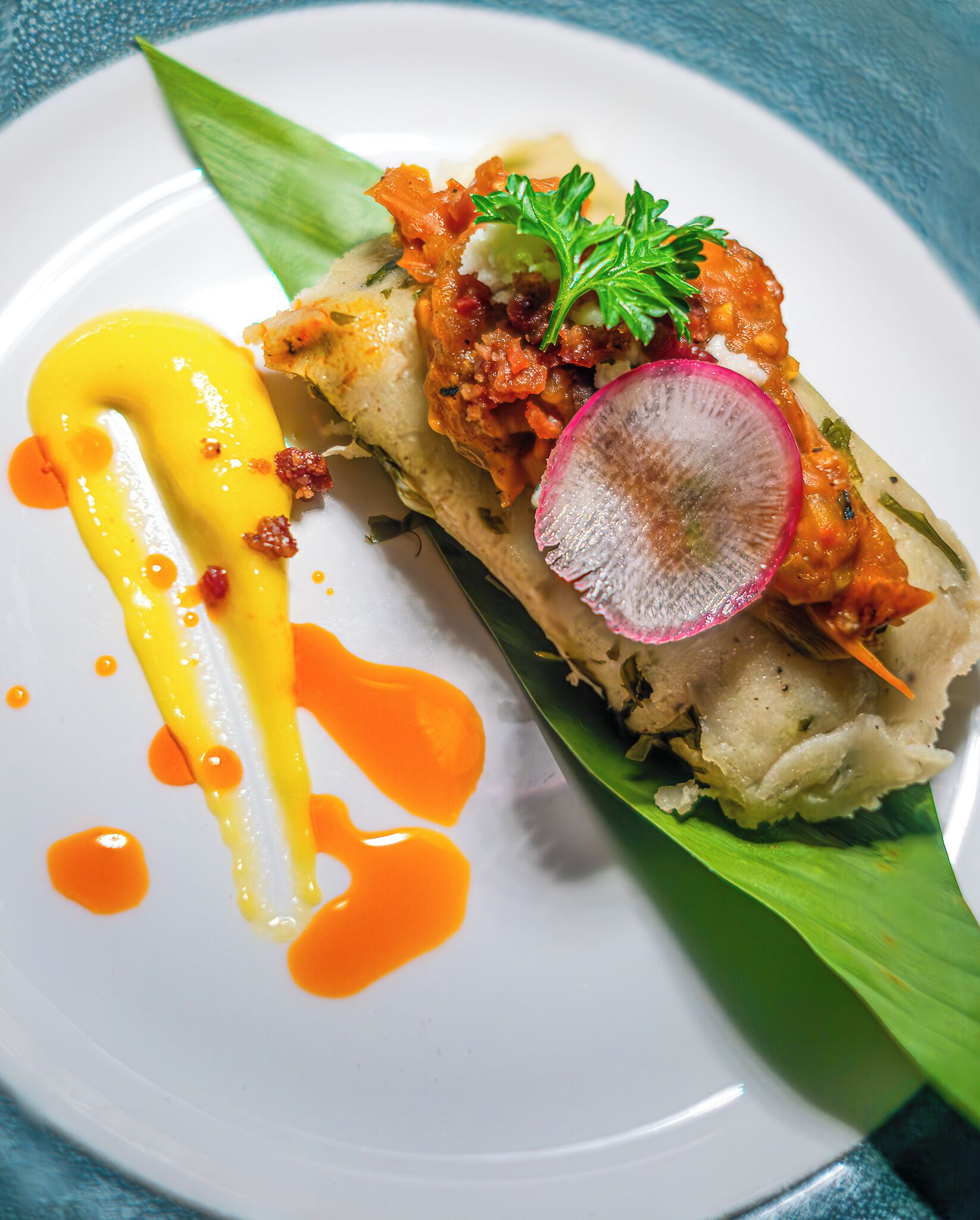 Un plato con un guiso sobre una hoja, adornado con rábano y perejil, y bañado en salsa amarilla.