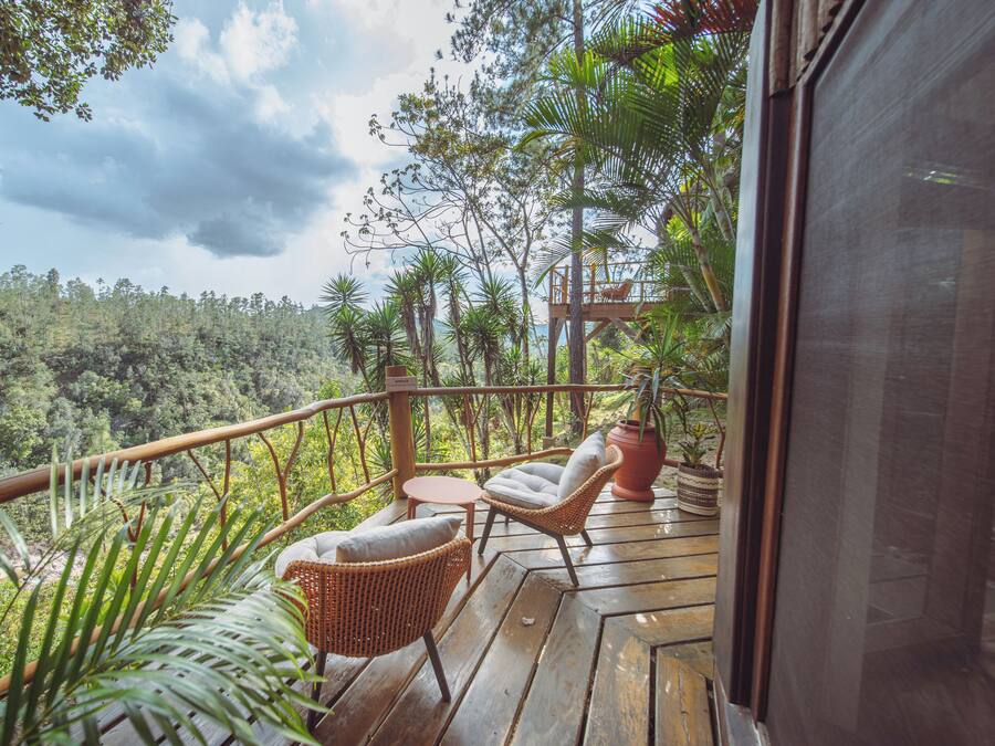 Una terraza de madera con muebles de mimbre y plantas en macetas, con vistas a un paisaje boscoso.
