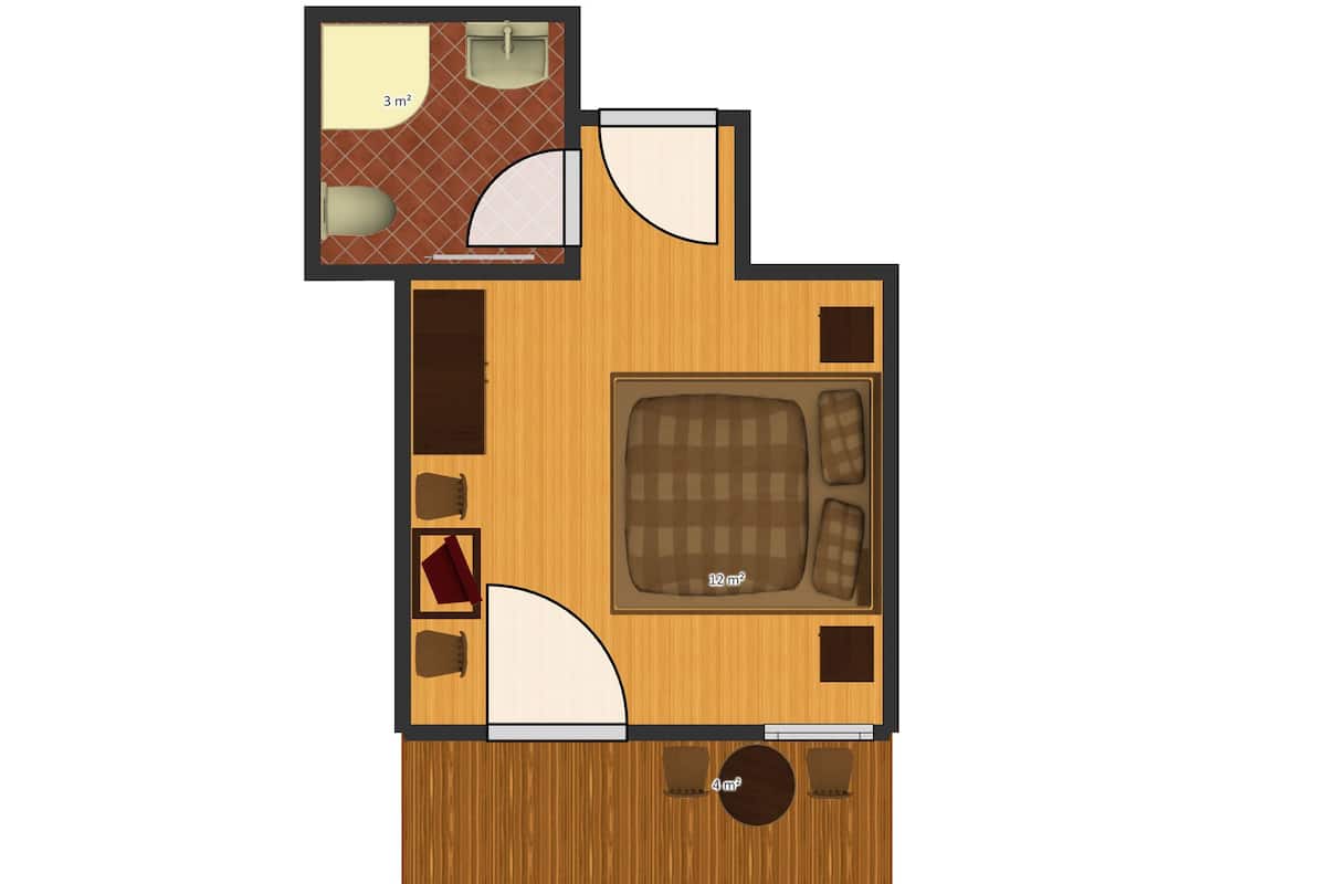 A 12 m² bedroom with a bed, a small bedside table, and a nightstand. Adjacent is a 3 m² bathroom with a sink and toilet.
