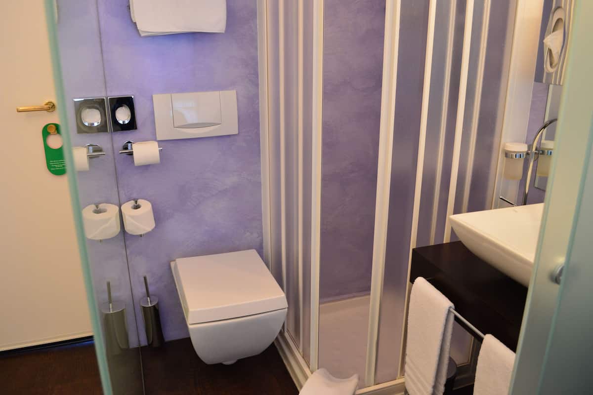 economy double room | bathroom | shower, hair dryer, slippers, towels