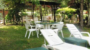 A patio area with a table and chairs, surrounded by greenery and trees.