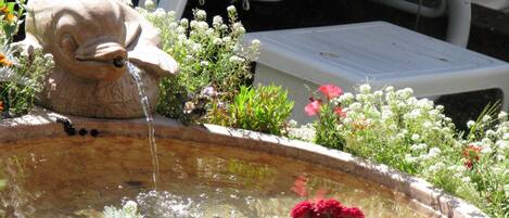 A garden with a birdbath, surrounded by various flowers and greenery.