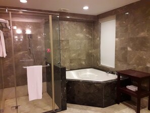 Suite, 1 tweepersoonsbed | Badkamer | Een douche, gratis toiletartikelen, een haardroger, badjassen